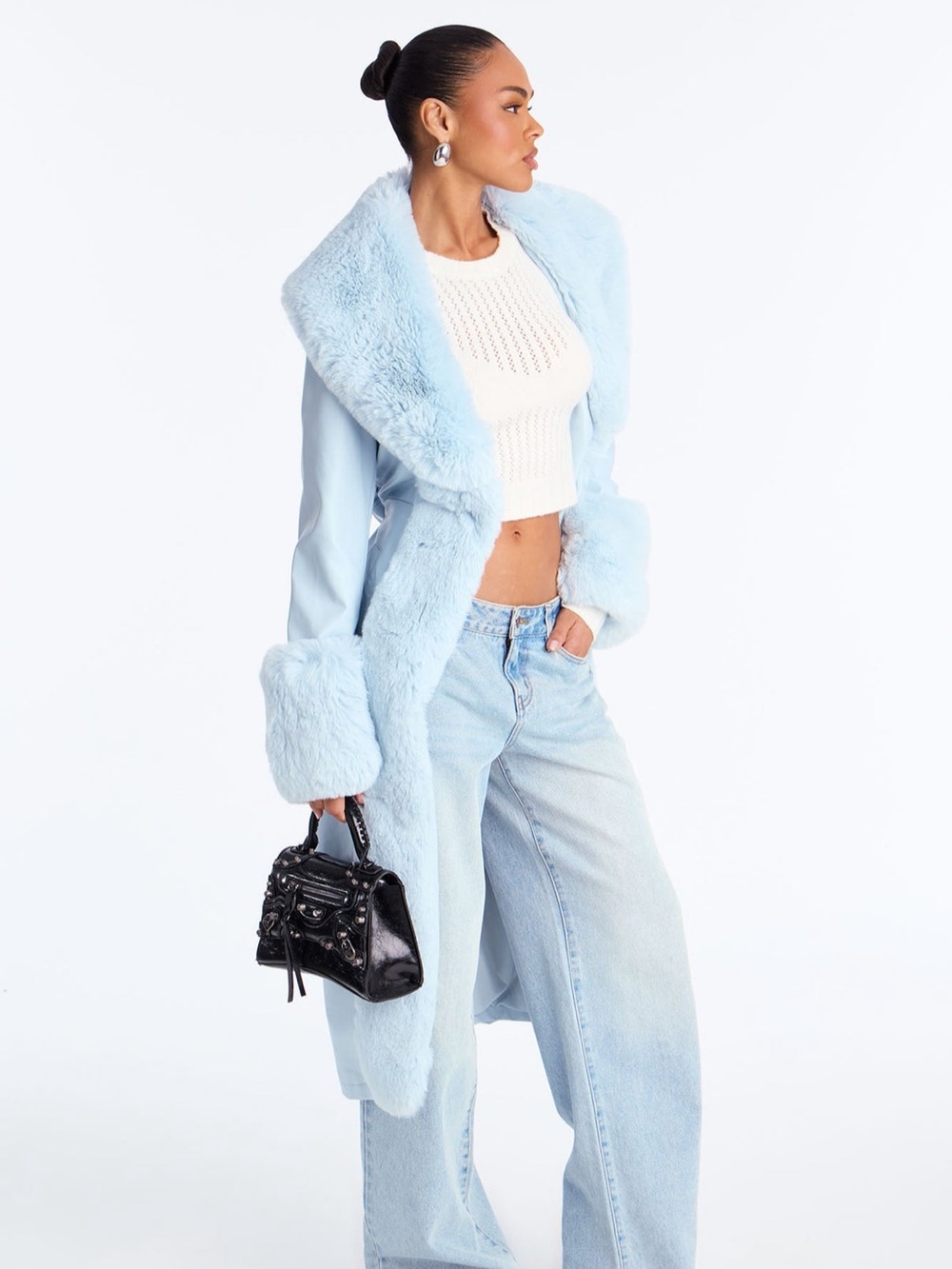 Fashion Nova Light Blue Faux Fur Trim Long Coat